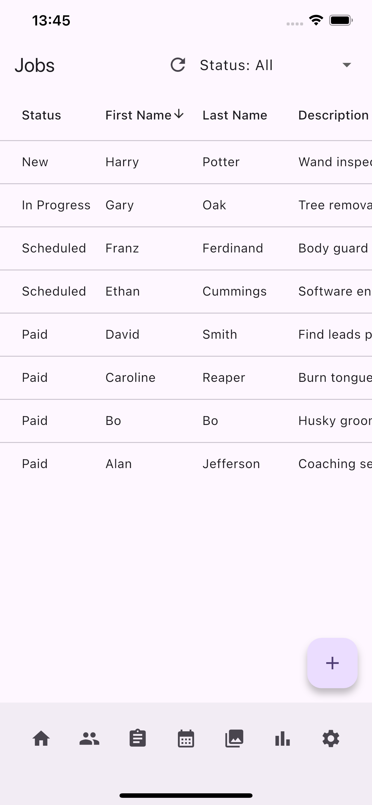 Jobs list with status tracking