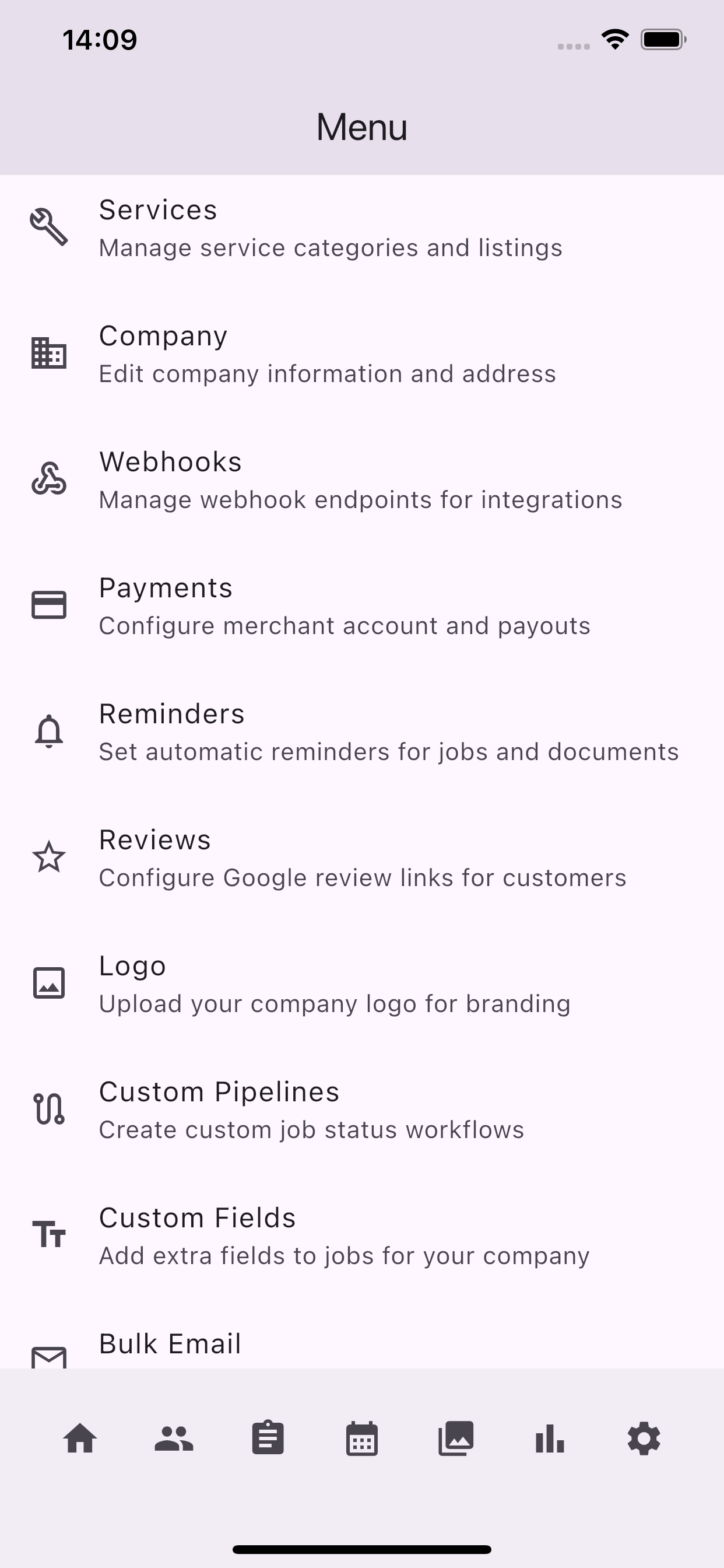 Settings and configuration menu